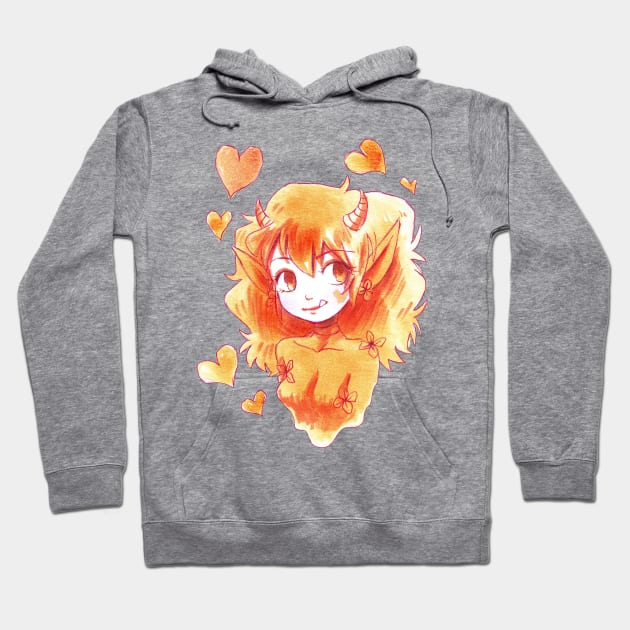 Orange Watercolor Girl with Hearts and Horns Hoodie by saradaboru